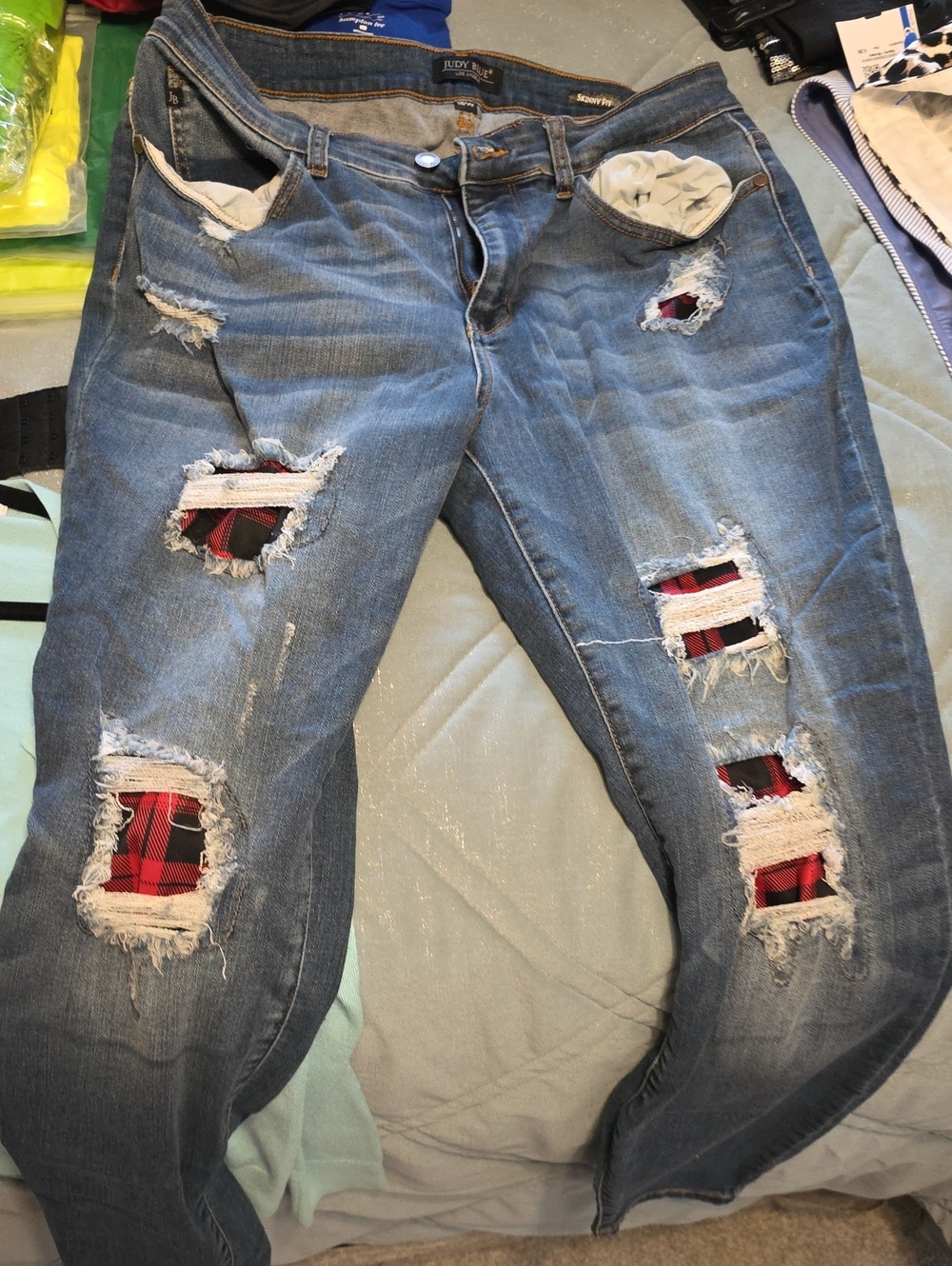 Judy Blue Light Blue Distressed Jeans with Red Plaid Patchwork
